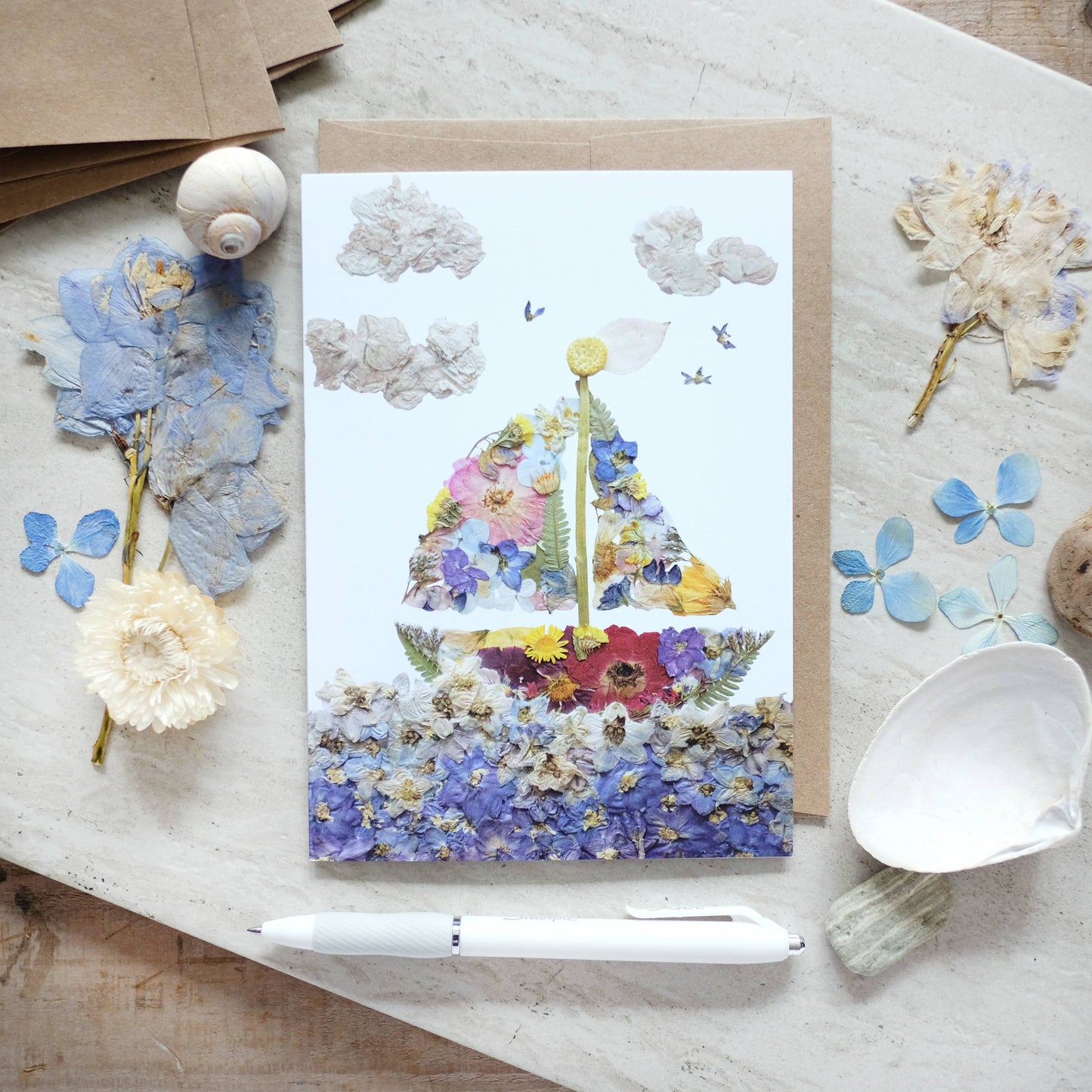 Nautical Sailboat Pressed Flower,Large Greeting Card