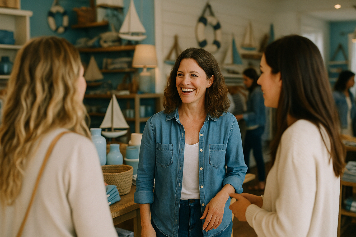 can you make me a new photo of a female shopkeeper in a coastal boutique shop in a candid shot talking to customers with a slightly blurry background