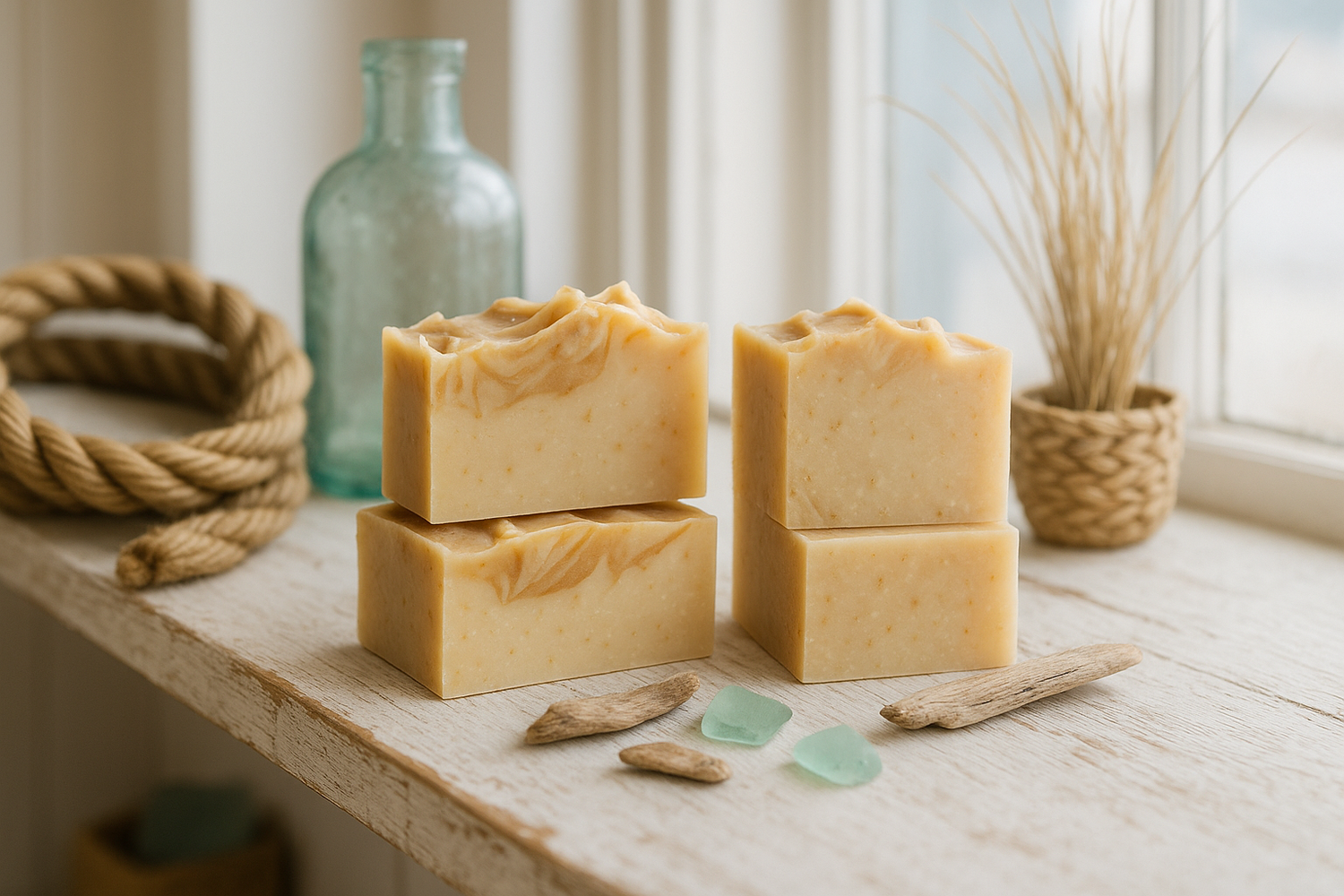 Small batch soaps on white shelf - variation 1
