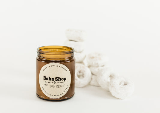 Bake Shop 9oz Soy Candle made in Canada by Canapa Candle in Louisbourg, Cape Breton Island, Nova Scotia - Vegan, Paraben and Phthalate free - Smells like:  Espresso, Vanilla, Cream, Cinnamon, Honey, Caramel