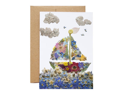 Nautical Sailboat Pressed Flower,Large Greeting Card
