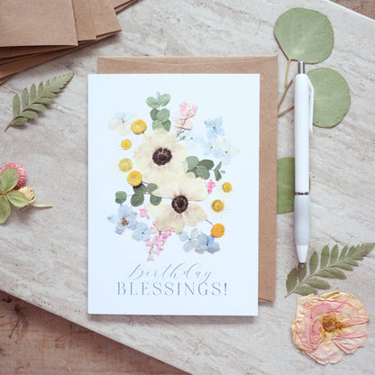 Birthday Blessings, Anemones, Pressed Flower, Greeting Card