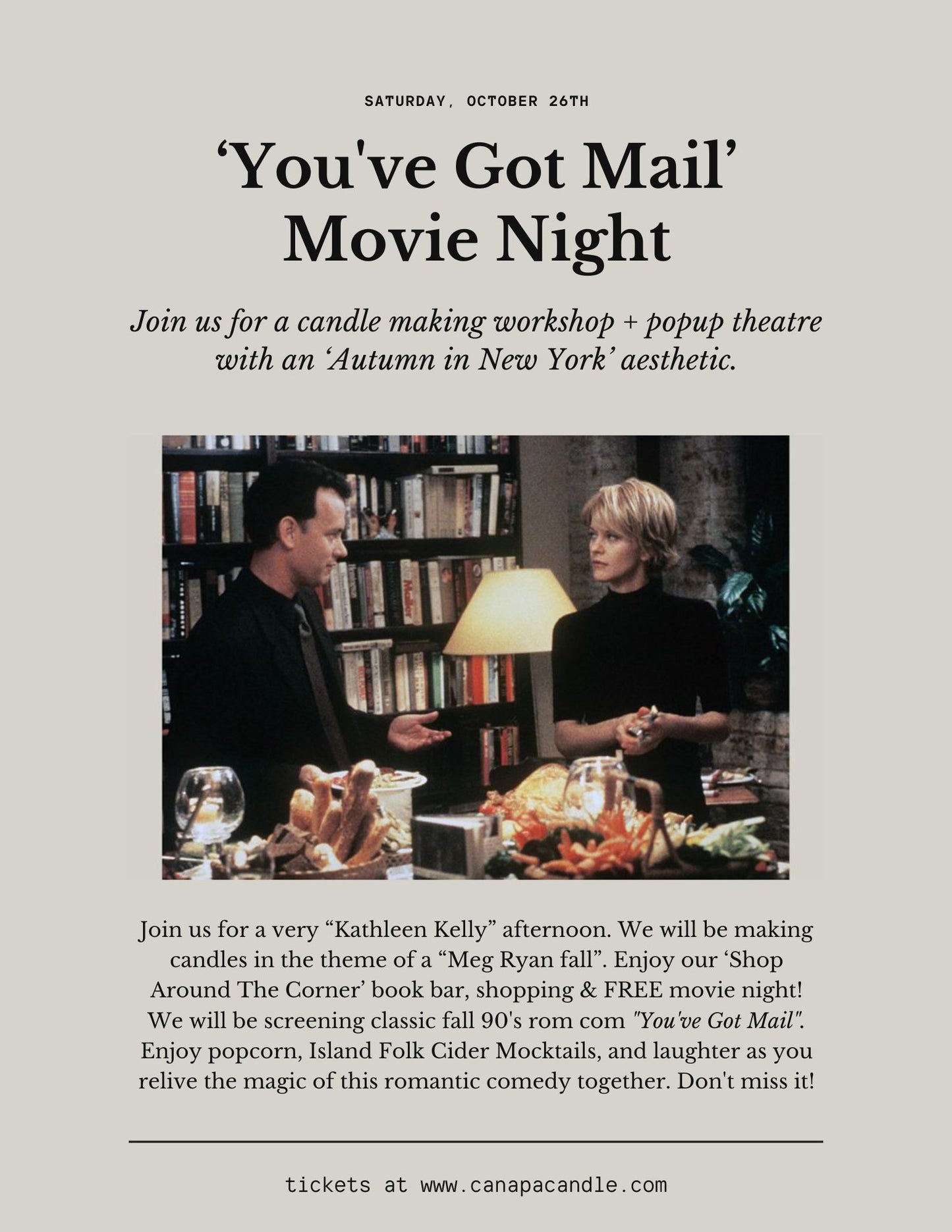 Meg Ryan's Fall Autumn in New York - Candle Making Workshop Event + Popup Theatre screening 'You've Got Mail'