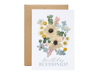 Birthday Blessings, Anemones, Pressed Flower, Greeting Card