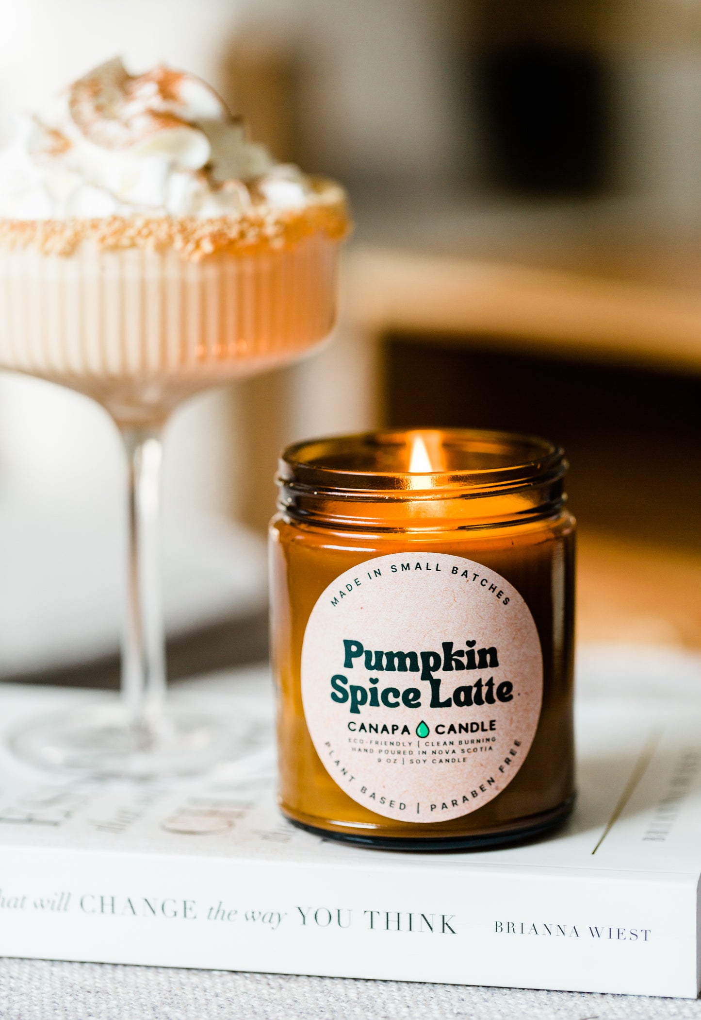 Pumpkin Spice Latte 9oz Soy Candle made in Canada by Canapa Candle in Louisbourg, Cape Breton Island, Nova Scotia - Vegan, Paraben and Phthalate free - Smells like:  Pumpkin Purée, Fall Spices, Maple, Espresso, Cream, Pecan