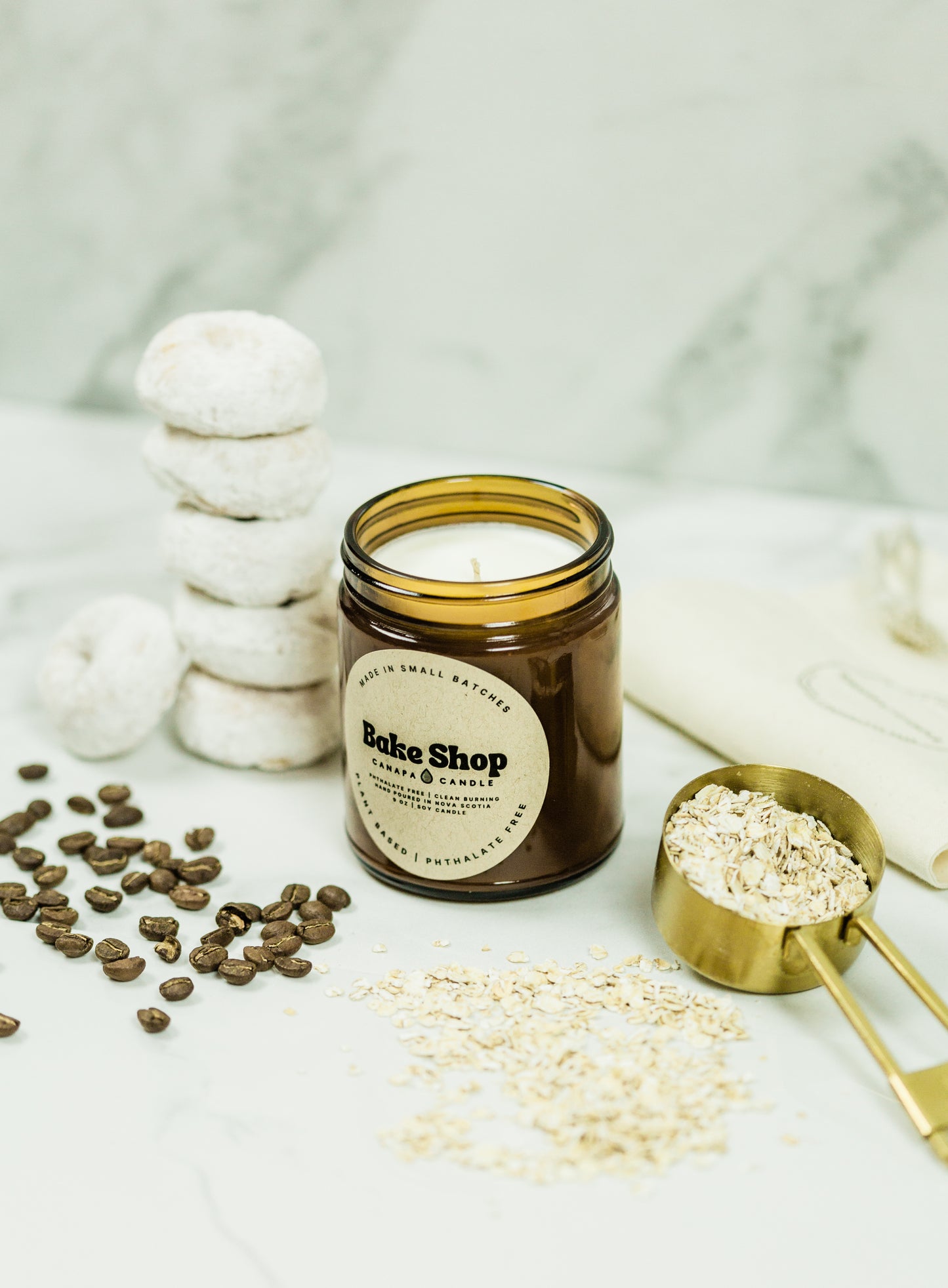 Bake Shop 9oz Soy Candle made in Canada by Canapa Candle in Louisbourg, Cape Breton Island, Nova Scotia - Vegan, Paraben and Phthalate free - Smells like:  Espresso, Vanilla, Cream, Cinnamon, Honey, Caramel