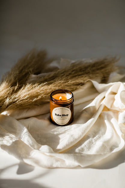 Bake Shop 9oz Soy Candle made in Canada by Canapa Candle in Louisbourg, Cape Breton Island, Nova Scotia - Vegan, Paraben and Phthalate free - Smells like:  Espresso, Vanilla, Cream, Cinnamon, Honey, Caramel